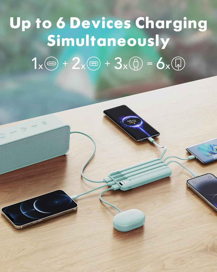 Charmast Externer Akku, 10.000 mAh, mit 4 integrierten Kabeln, tragbarer Akku, USB C, dünn, Power Ba