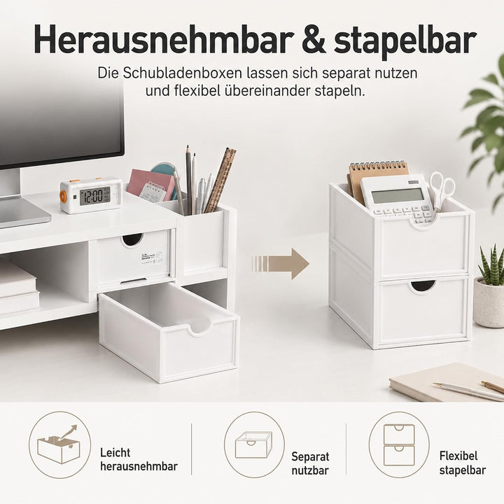 Monitorständer mit Stauraum , 50x19,5x13,5 cm Bildschirmständer mit 2 Schubladen &amp; Stiftehalter, 2-S