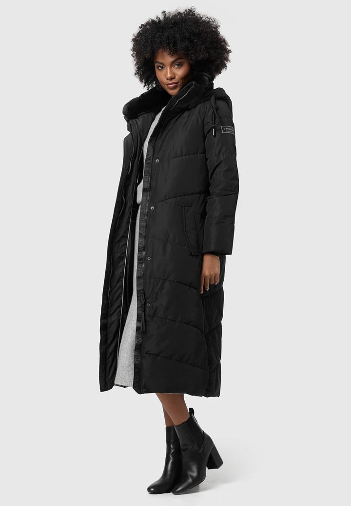 Navahoo Damen Wintermantel Steppmantel extralang mit Abnehmbarer Kapuze Hingucker XIV XS-XXL XS Schw