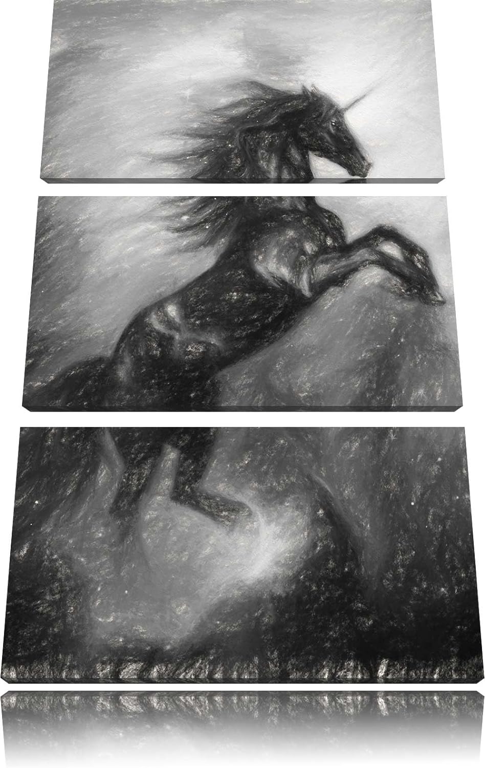 Pixxprint Traumhaftes schwarzes Einhorn Kohle Zeichnung Effekt 3-Teiler Leinwandbild 120x80 Bild auf