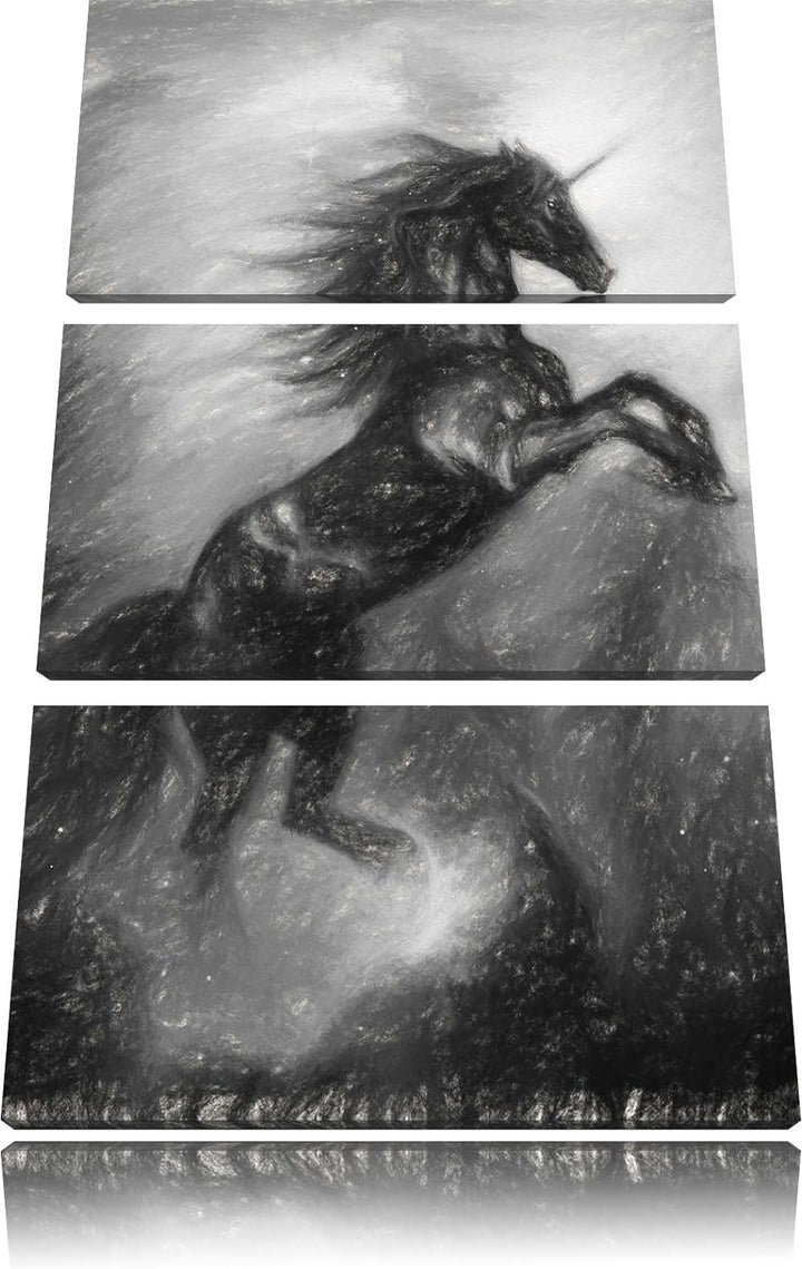 Pixxprint Traumhaftes schwarzes Einhorn Kohle Zeichnung Effekt 3-Teiler Leinwandbild 120x80 Bild auf
