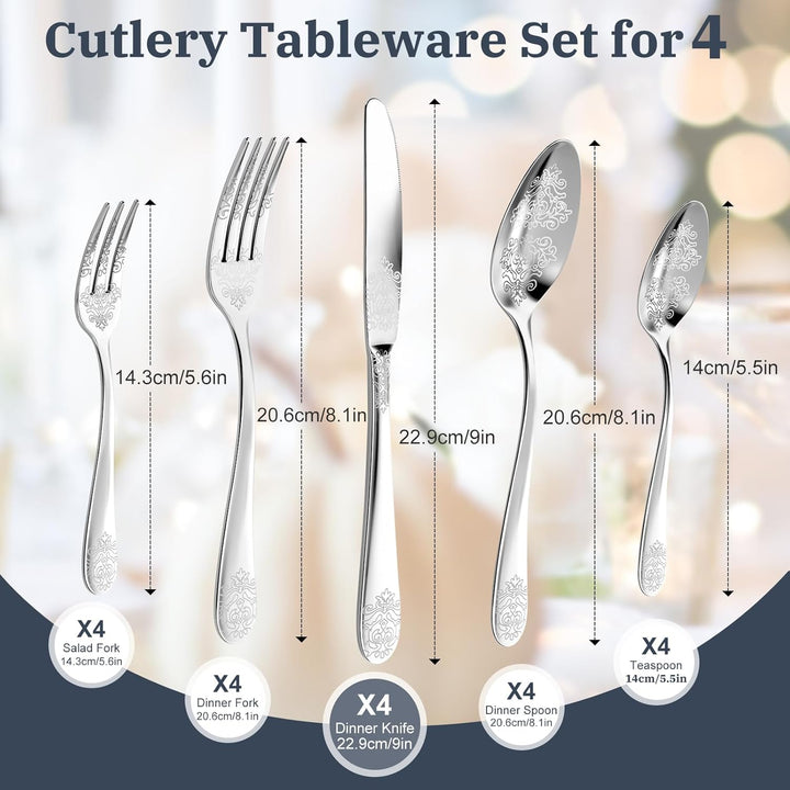 DRAGON RIOT Besteck Set 4 Personen - 20 teilig Edelstahl Besteckset, Silberbesteck mit Messer Gabel