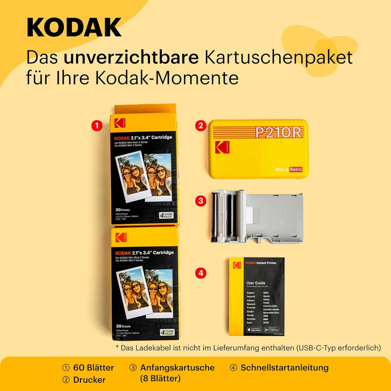 KODAK Mini 2 Retro 4PASS Mobiler Fotodrucker (5,3x8,6cm) - Paket met 68 Blatts, Schwarz Drucker + 68