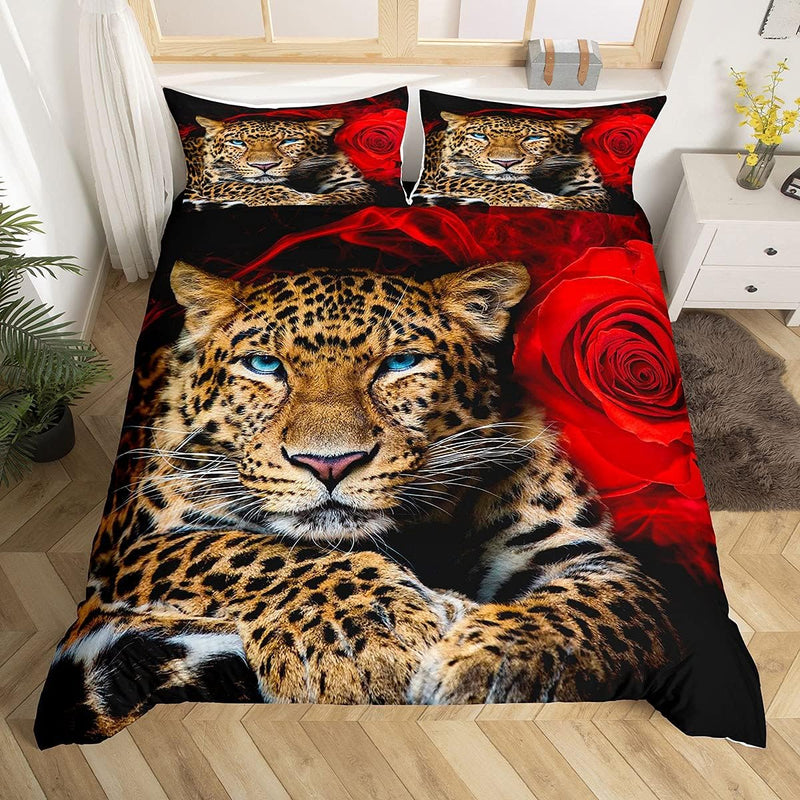 Homewish Leopard Bettbezug, Cheetah Bettwäscheset Rose Blume Trösterbezug 135x200, Für Kinder Jungen