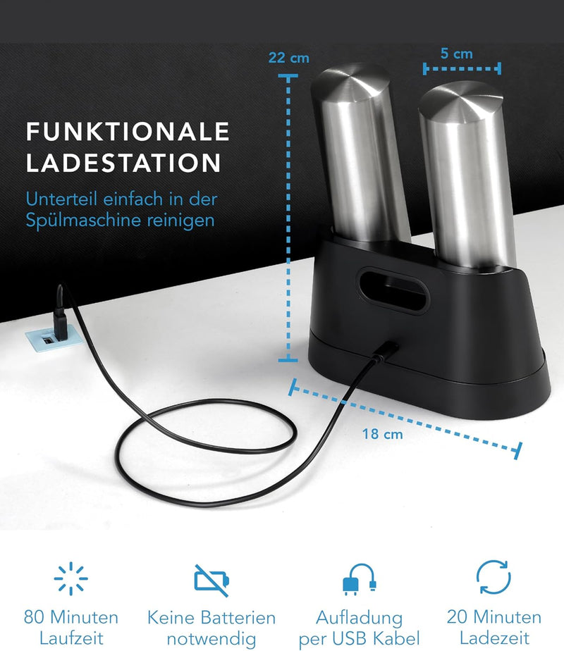 LEBENLANG Salz und Pfeffermühle Elektrisch - Wiederaufladbar & Viel Zubehör I Batterie Set I Pfeffer