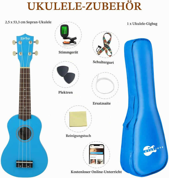 Everjoys Sopran Ukulele Set für Kinder und Erwachsene 21 Zoll Ukulele Starter Kit mit Tasche, Tuner,