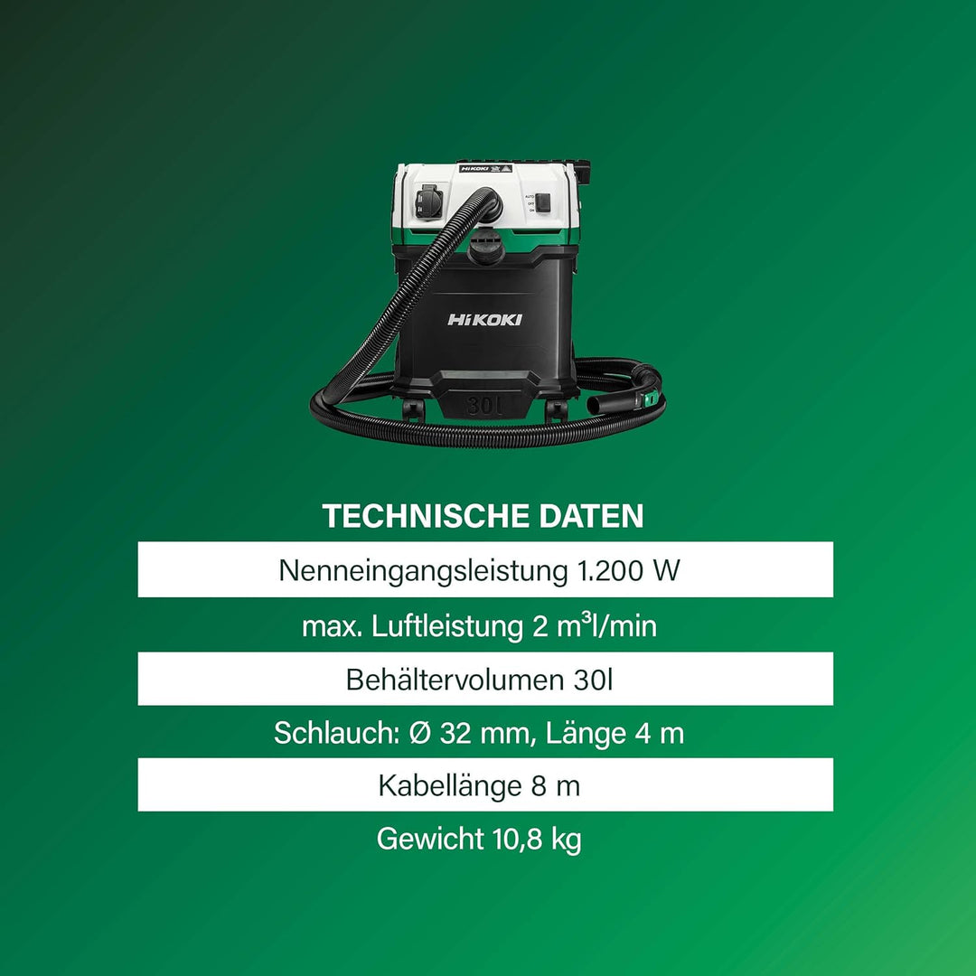 Hikoki Nass- und Trockensauger - 1200 W, 30 L, H-Klasse, Kompakt und Leicht, Manuelle Filterreinigun