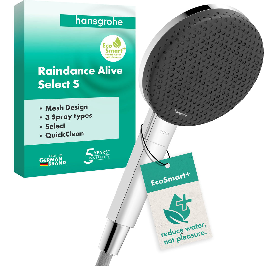 hansgrohe Raindance Alive Select S - wassersparender Duschkopf 5,7 l/min (EcoSmart+), Handbrause mit