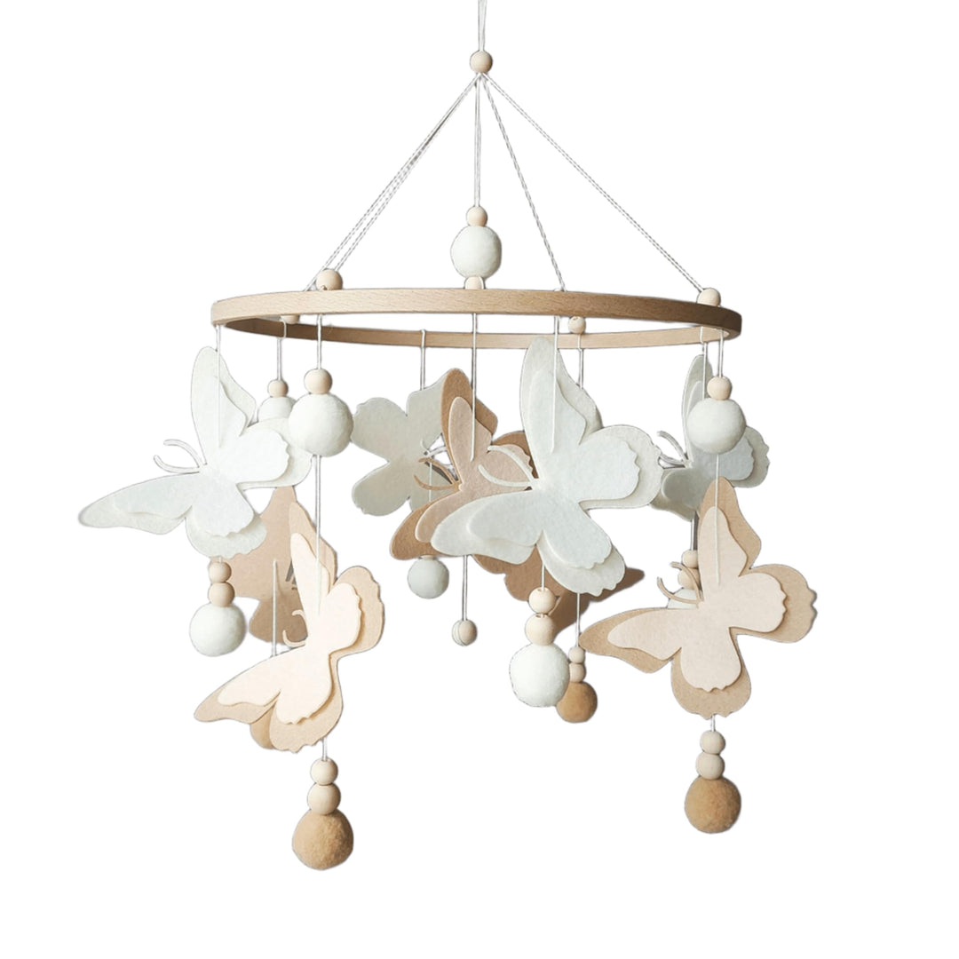 Schmetterlingen Baby Mobile mit Pompons – Neutrales Schmetterlings Mobile in Beige Braun – Handgemac