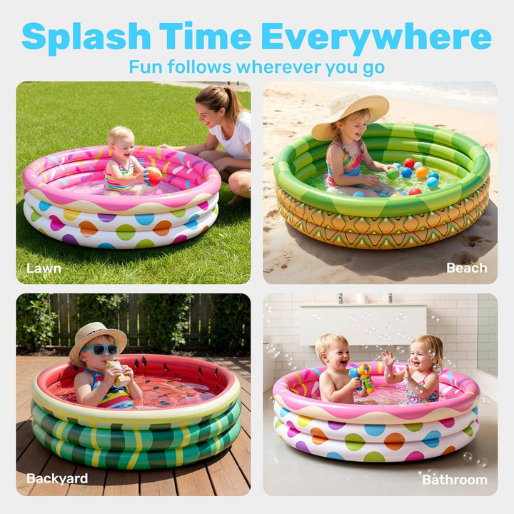 SLOOSH 3 Pack 45" X 10" aufblasbares Planschbecken, Wassermelone & Ananas & Cupcake Schwimmbad für K