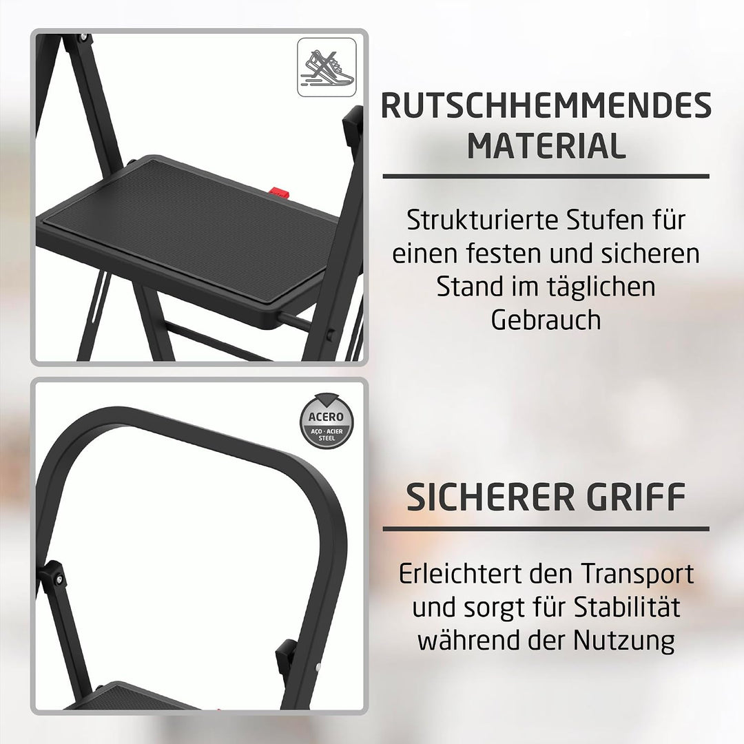 Amig Klappleiter 3 Stufen Schwarz Stahl 106x72x46 cm | Lasche für einfaches Zusammenklappen. Rutschf