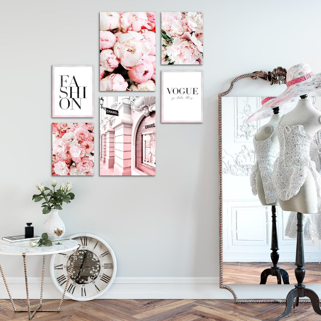Novart Wandbilder Set Coco Fashion Blumen Rosa - KEIN EXTRA RAHMEN BENÖTIGT - Modern Deko - Wohnzimm