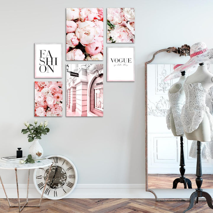 Novart Wandbilder Set Coco Fashion Blumen Rosa - KEIN EXTRA RAHMEN BENÖTIGT - Modern Deko - Wohnzimm