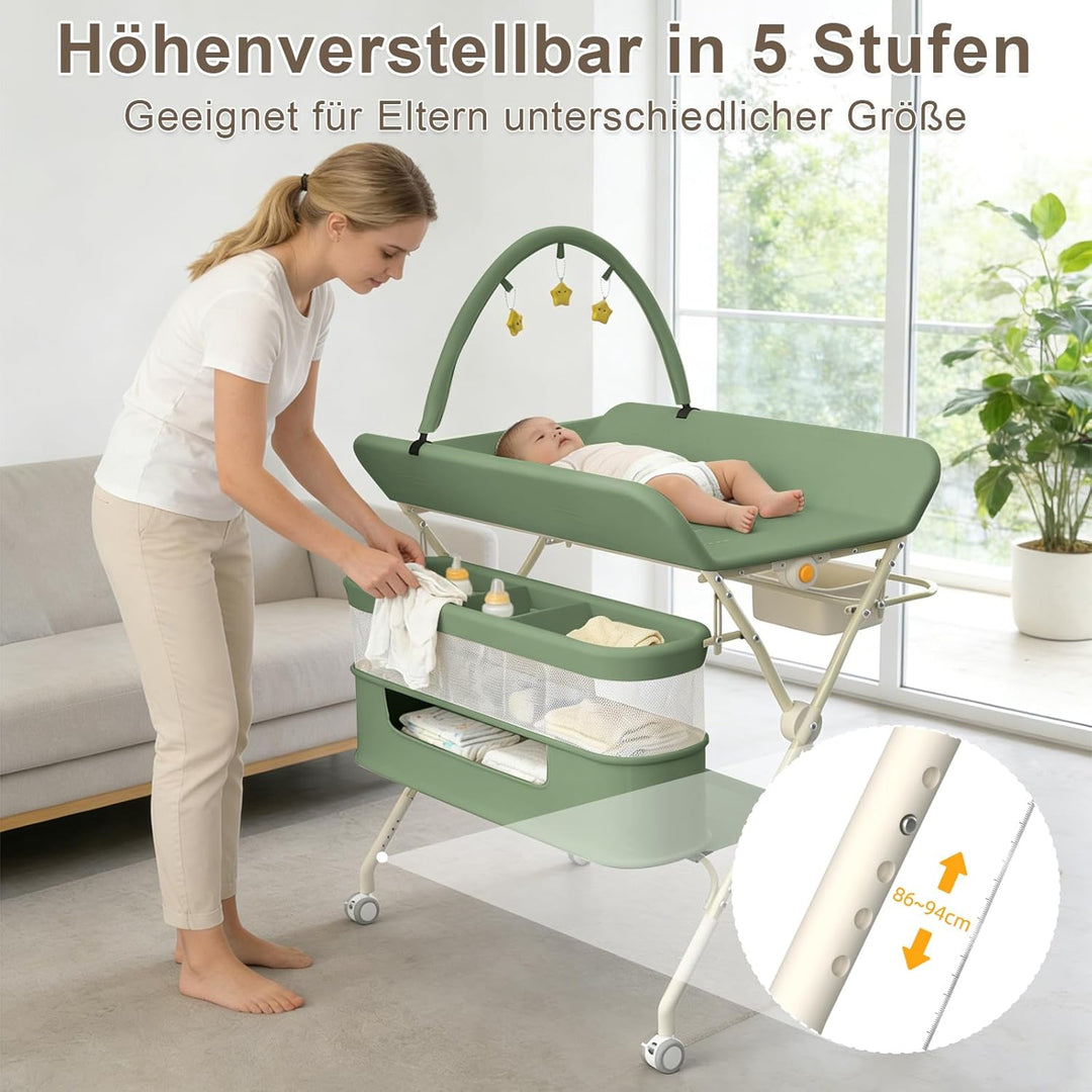 Supfine Wickeltisch klappbar, Mobiler Wickeltisch mit Seitlichem Korb und Kleiderstange, Höhenverste
