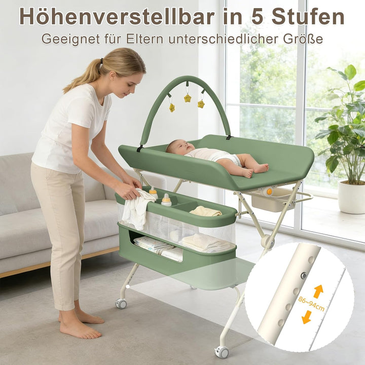 Supfine Wickeltisch klappbar, Mobiler Wickeltisch mit Seitlichem Korb und Kleiderstange, Höhenverste