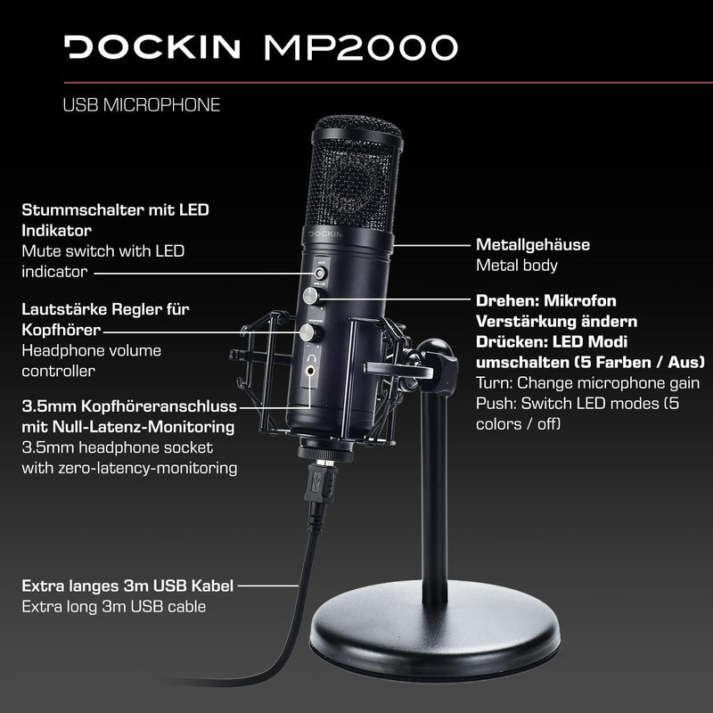 DOCKIN® MP2000 Studio USB Mikrofon für PC & Mac, Null Latenz Monitoring Standmikrofon mit schwerem S