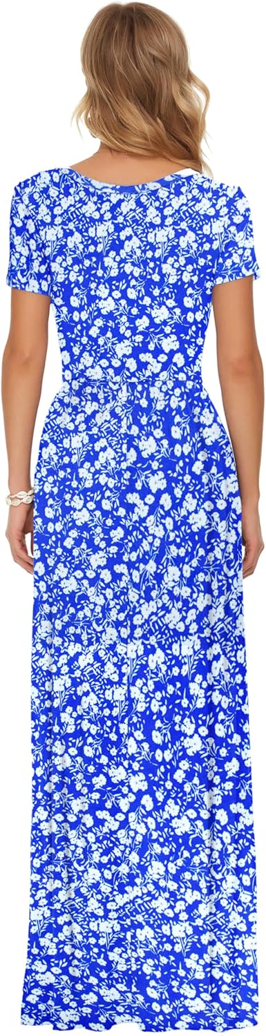 AUSELILY Damen Kurzarm Sommer Casual Long Maxi Kleider mit Taschen Blau-weisses Blümchenmuster XS, B