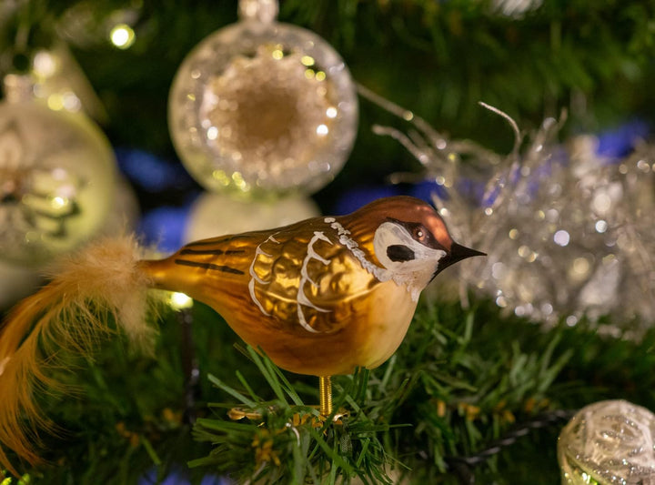 Glas-Vogel, Feldsperling mit Naturfeder, Glasschmuck Made in Germany aus eigener Herstellung, deko V