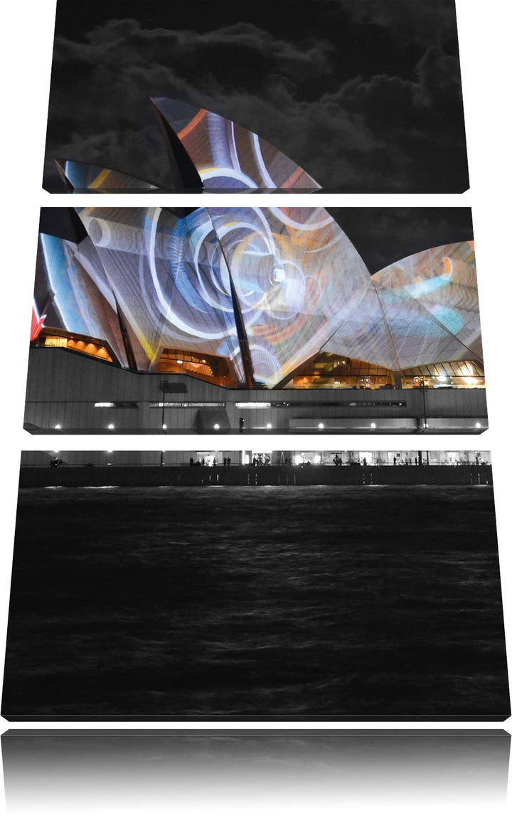 Pixxprint beeindruckende Sydney Opera House Lichter schwarz/weiss 3-Teiler Leinwandbild 120x80 Bild