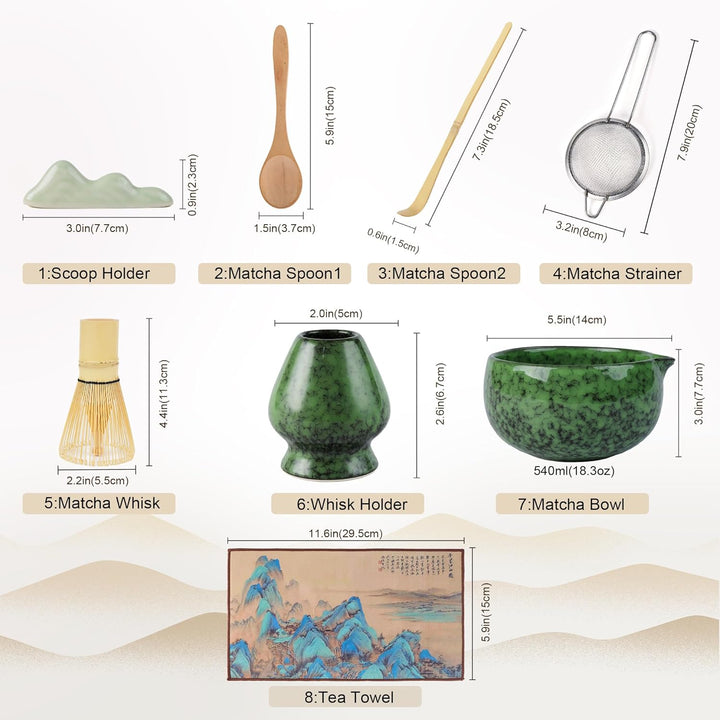 Premium Matcha Tea Set 8- piece Matcha Broom Set with Whisk, Broom Holder, Ceramic Bowl, 2 Teaspoons