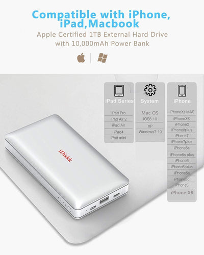 iDiskk 2 TB (2000GB) Externe iPhone-Festplatte für iPhone/iPad mit 10.000 mAh Powerbank, 2-in-1 MFi-