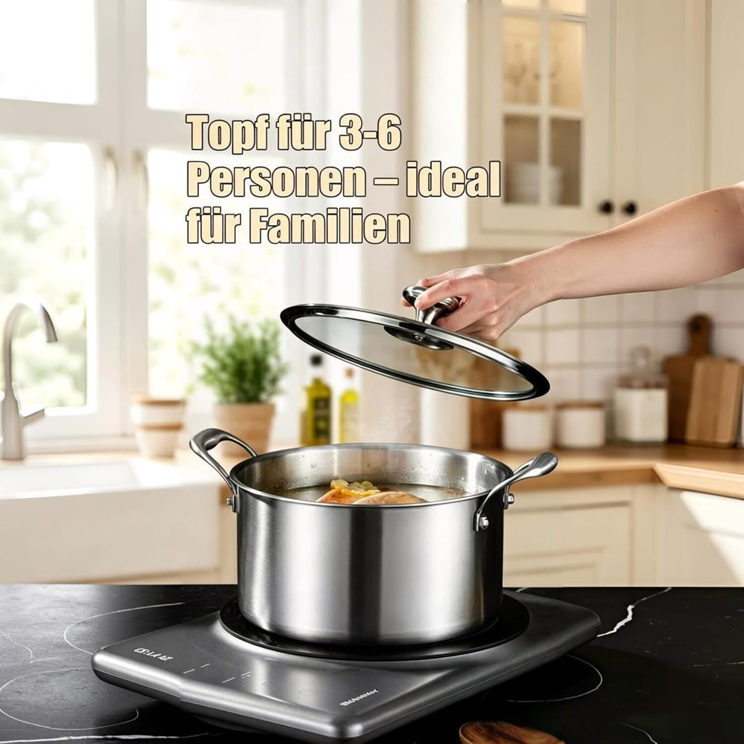 Edelstahl Suppentopf 26 cm - 4.5 Liter - Mit Glasdeckel - Induktionsgeeignet - PFAS-frei - Spülmasch
