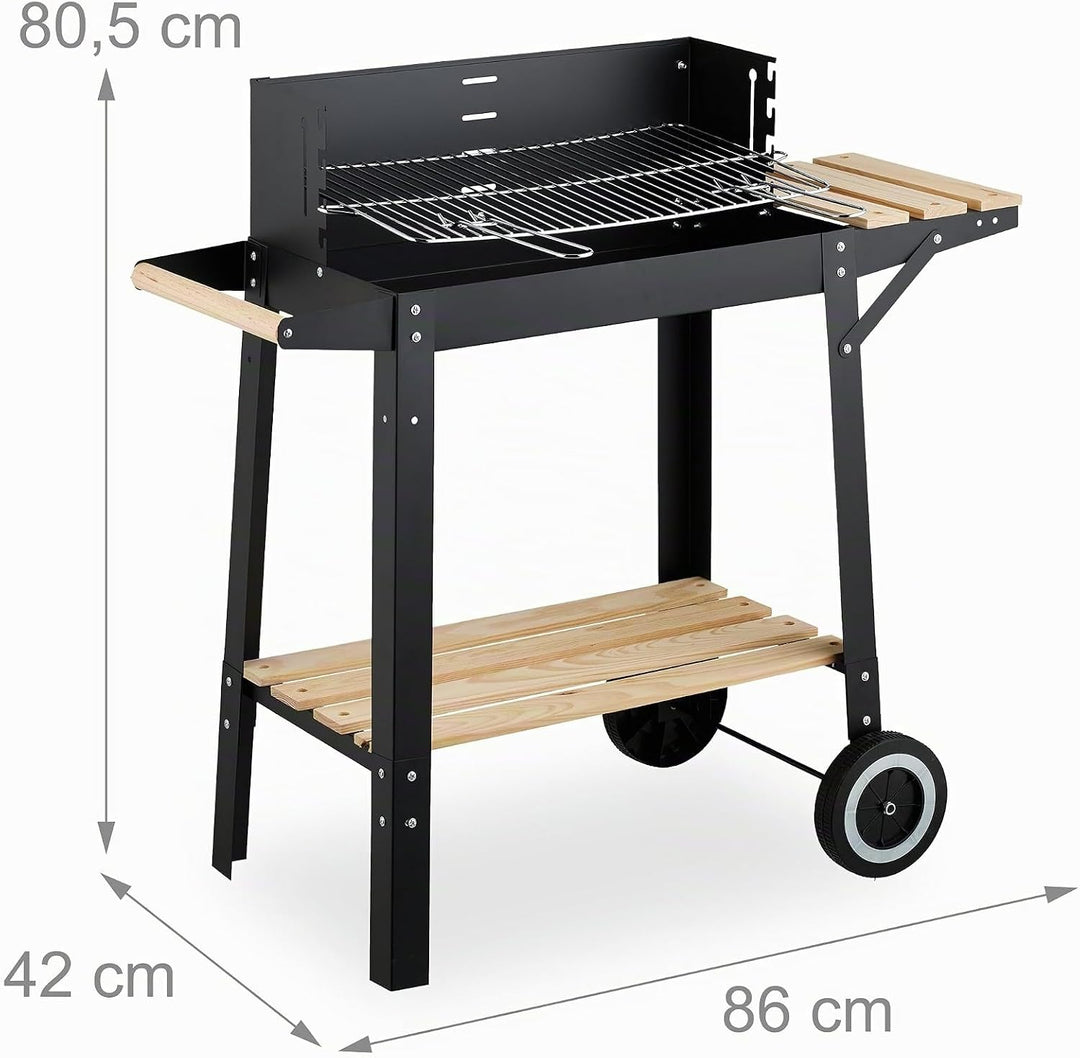Relaxdays Grill mit Rädern, 2 Ablagen, höhenverstellbarer Rost, Windschutz, Grillwagen HBT: 80,5 x 8