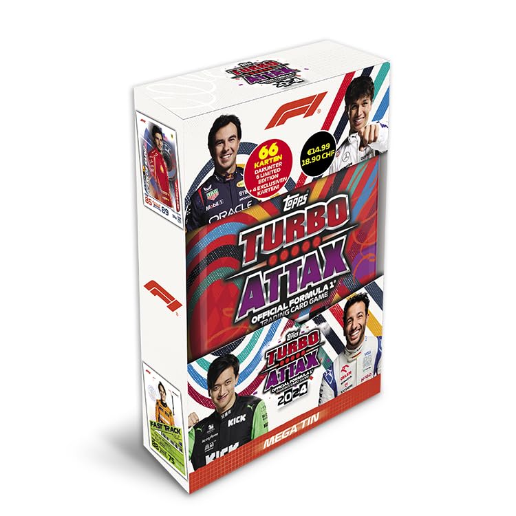 Topps Turbo Attax Formula 1 2024 - Mega Tin - Revved Up - centhält 66 Karten, darunter 6 LE&