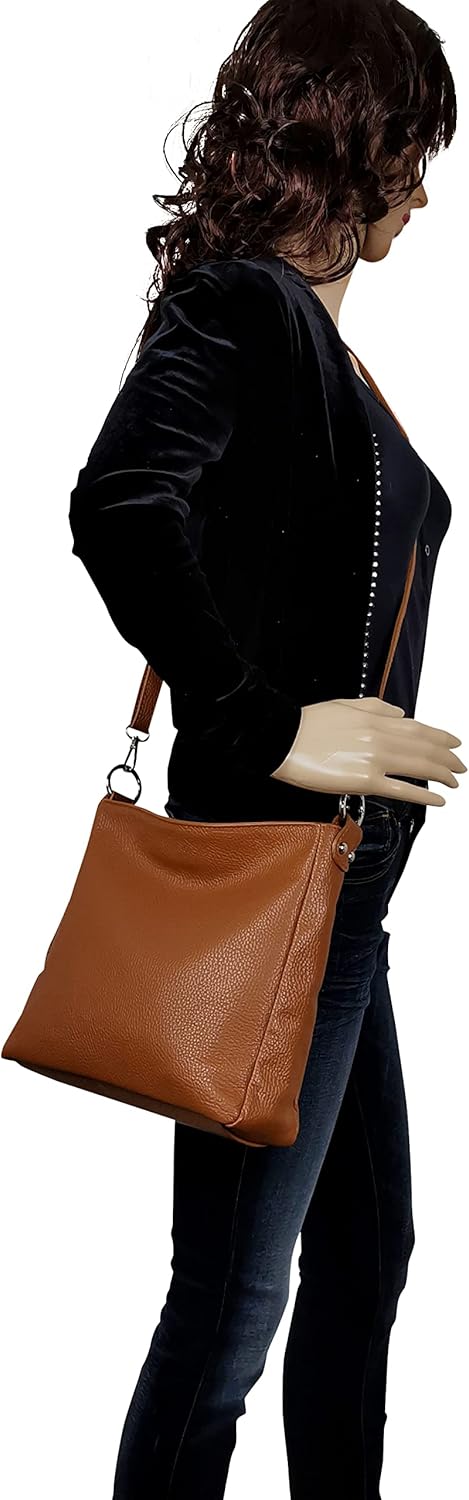 AmbraModa GL35 - Damen Handtasche Schultertasche Umhängetasche aus genarbtem Rindsleder Camelbraun,
