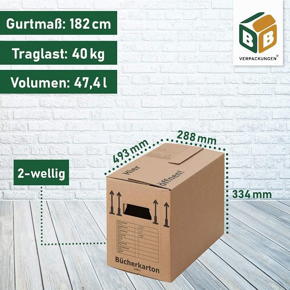BB-Verpackungen 15 x Bücherkartons Profi 500 x 300 x 350 mm (stabil 2-wellig, doppelter Boden, Akten