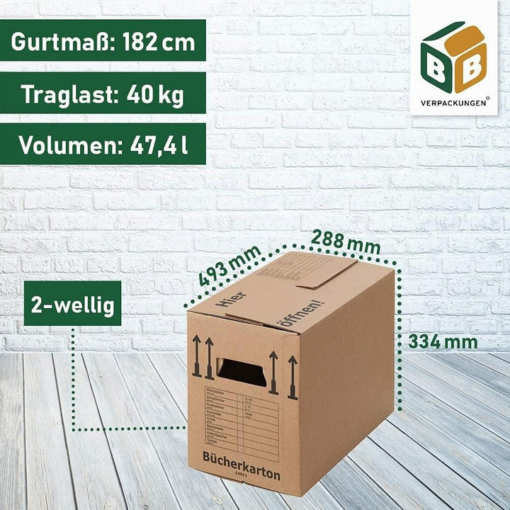 BB-Verpackungen 15 x Bücherkartons Profi 500 x 300 x 350 mm (stabil 2-wellig, doppelter Boden, Akten