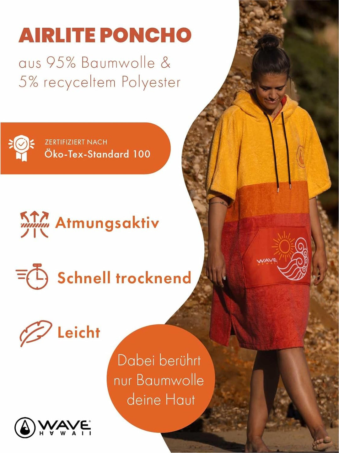 WAVE HAWAII Bade-Poncho Damen & Herren “Paia” | Grösse S 145-175cm I 95% Baumwolle Surf-Poncho für E