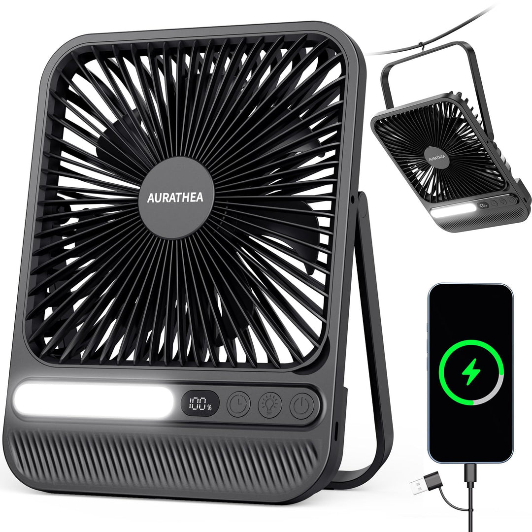 10000mAh USB Ventilator, Ultraflach Tragbarer Tischventilator, Akku Camping Ventilator mit LED-Licht