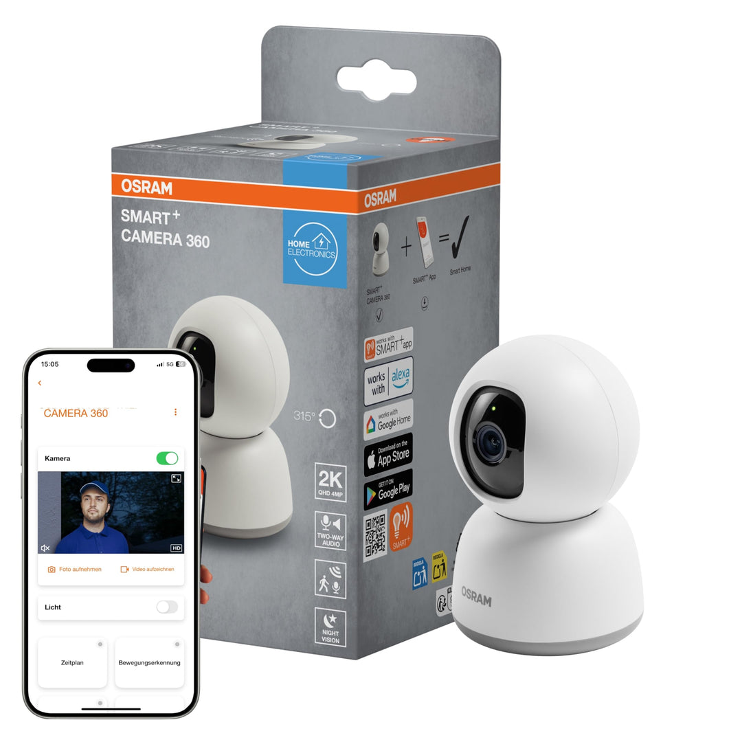 Osram SMART+ WiFi Kamera 360° 4MP 2K QHD, Schwenk-Neige, Nachtsicht 7m, Zwei-Wege-Audio, Alexa kompa