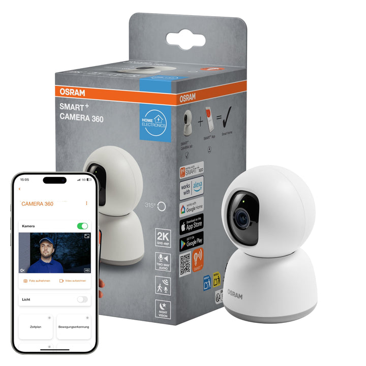Osram SMART+ WiFi Kamera 360° 4MP 2K QHD, Schwenk-Neige, Nachtsicht 7m, Zwei-Wege-Audio, Alexa kompa