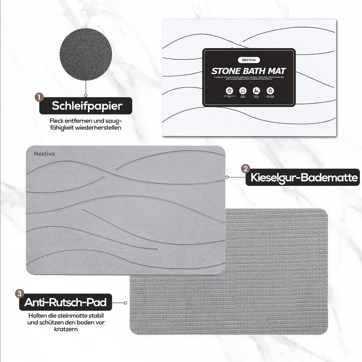 Nestiva Badematte aus Stein - rutschfeste, Saugfähige Badvorleger aus Naturstein, Für Bad/Küche, Sti