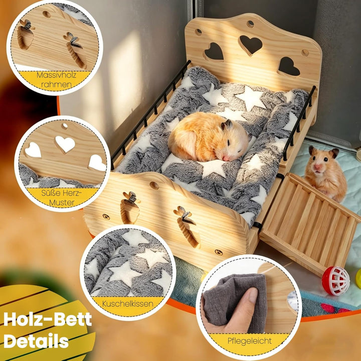 Meerschweinchen Bett Holz mit Treppe, Geländer und Matte, Zwergkaninchen Bettchen Kuschelkissen, Kan