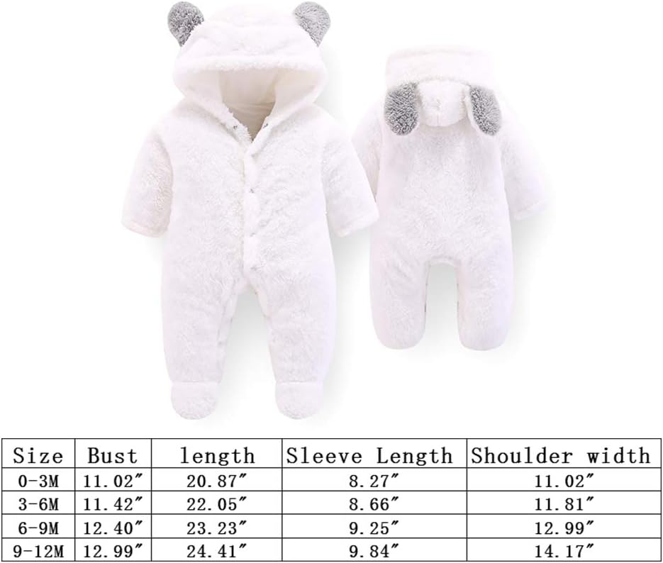 Neugeborene Baby Cartoon Bär Schneeanzug Wintermantel Fleece Kapuze Strampler Jumpsuit Weiss 3-6 Mon