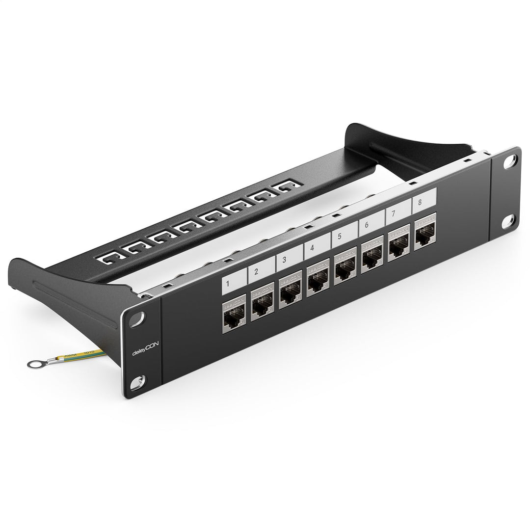 deleyCON 8 Port Patchpanel Set Patchfeld CAT6a 1 HE 10 Zoll - Schwarz | Modularer Rackeinbau mit 8x