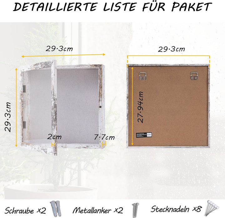 Muzilife 3D Holz Objektrahmen mit Öffnung zum Befüllen 28x28cm Bilderrahmen mit Stecknadeln und Dübe