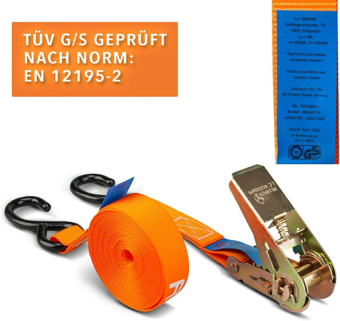 Alubox Spanngurt mit Ratsche und S-Haken 25mm breit orange Belastbarkeit 400kg Ratschengurt TÜV G/S