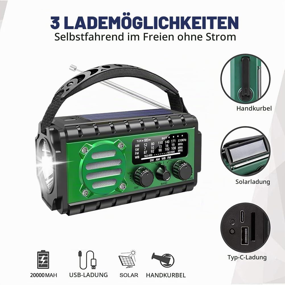 Kurbelradio, Solar Notfallradio mit 20000 mAh Powerbank, AM/FM/SW/WB Wetterradio, 4 Stromquellen, Ta