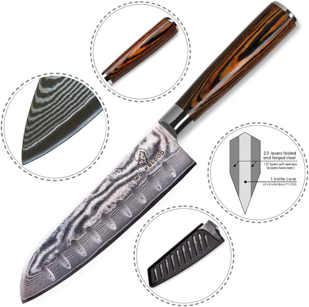 Wolfblood Damastmesser Santoku Messer XL(30cm) Profi-Kochmesser aus 67 Lagen Damaststahl & VG10 Allz
