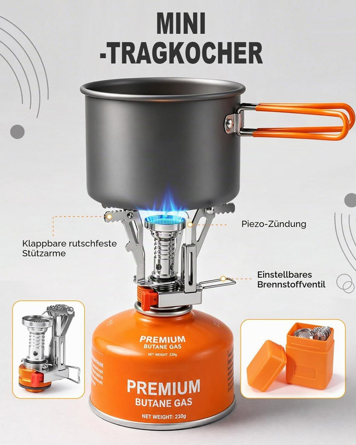 AUTOPkio Camping Geschirr Set für 1-2 Personen mit Mini Campingkocher, Faltbare Aluminium Camping Ko