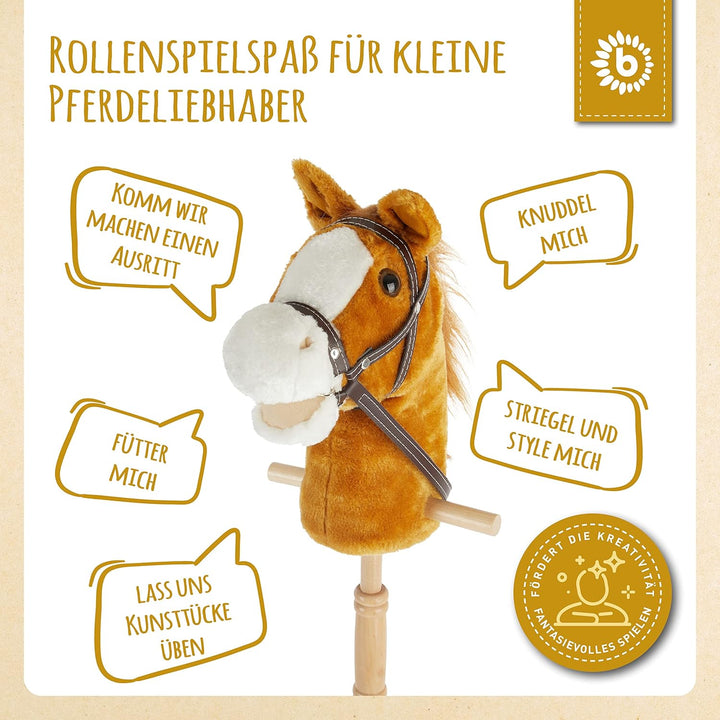 Bieco Steckenpferd Kinder Brownie | ca. 100 cm | Top Qualität | Holzpferd Draussen & Drinnen | Plüsc
