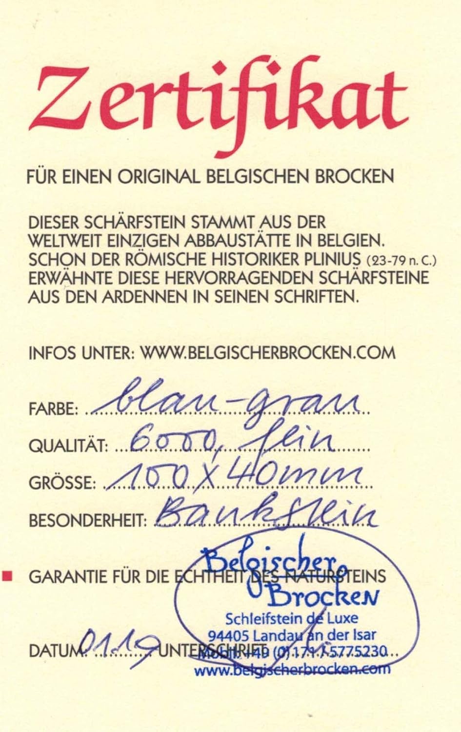 Schleifstein Belgischer Brocken blau handgefertigter Naturstein Abmessungen 100x40x18 mm Messer-Schä
