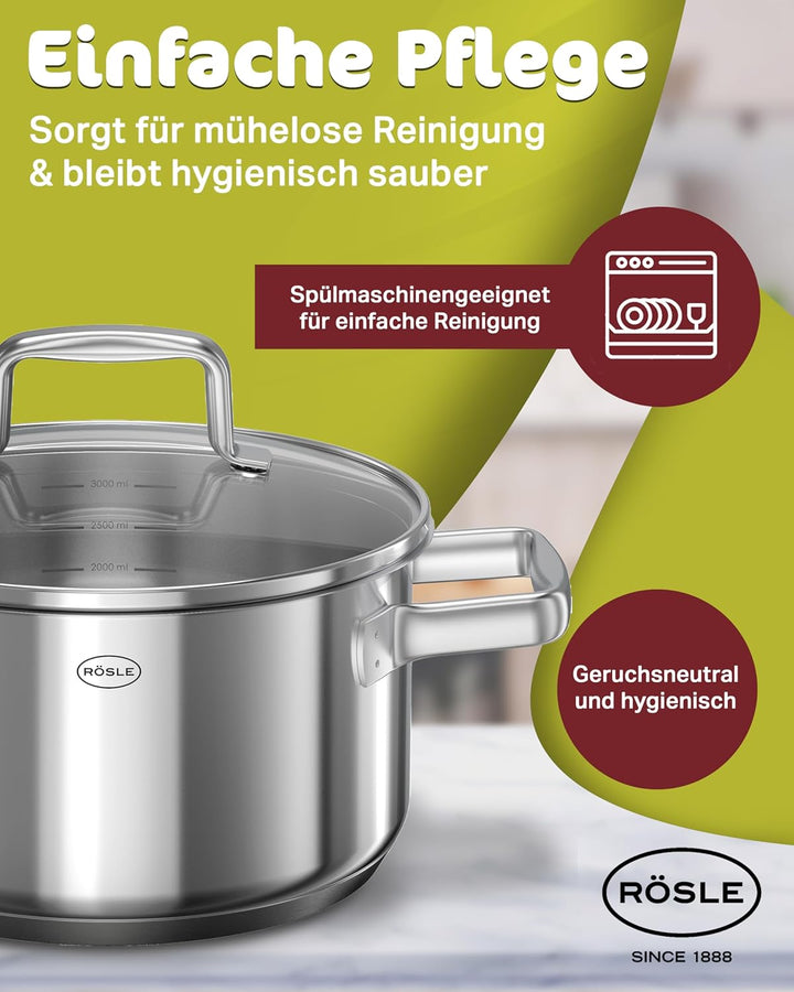 RÖSLE Moments Topfset Induktion 5-tlg. – Edelstahl Kochtopfset mit Aluminiumkern, 3 Töpfe, 1 Kassero