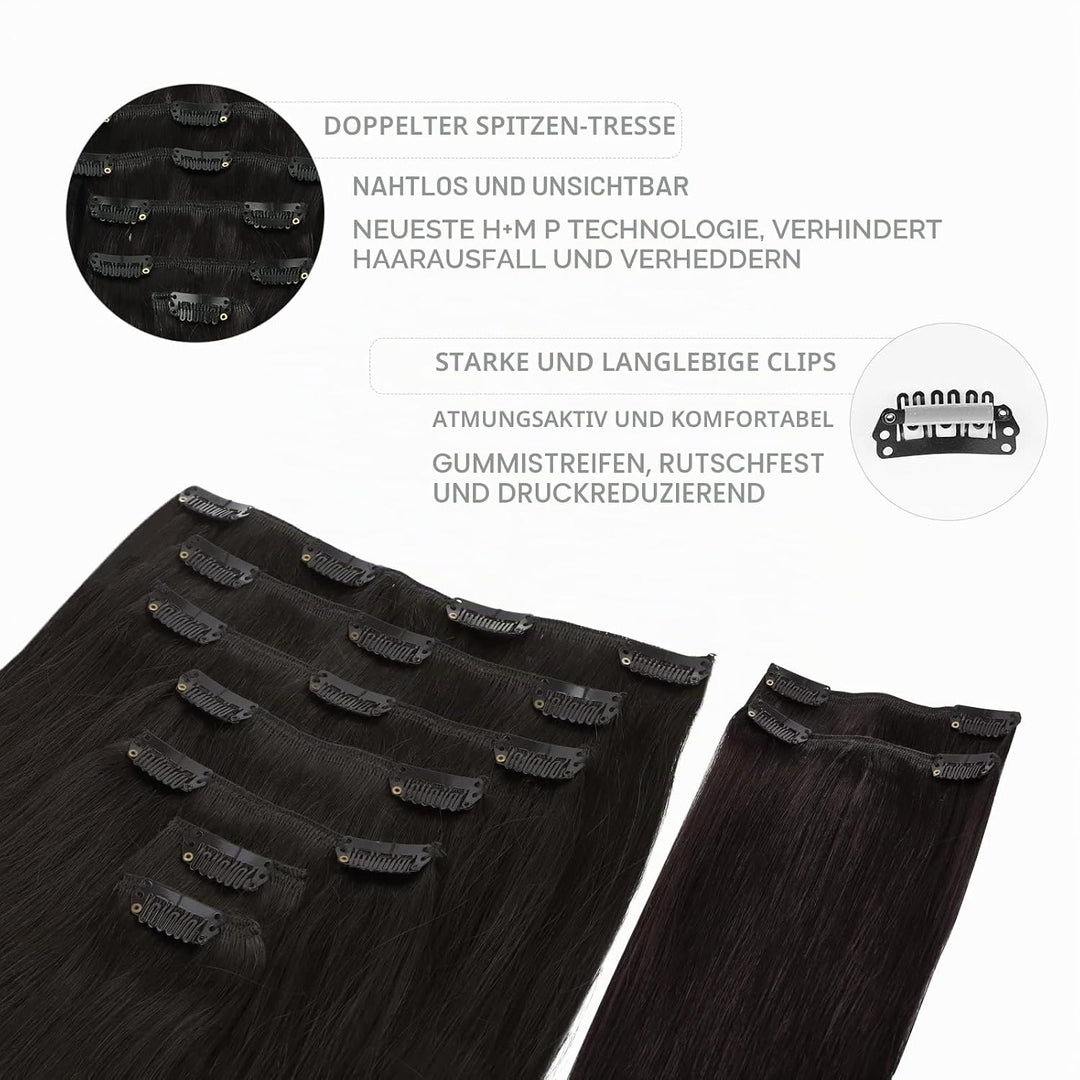 WENNALIFE Clip In Extensions Echthaar, 150g 40cm 9pcs Natürliches Schwarz Clip In Extensions Hair Ex