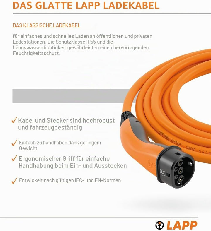Lapp Mobility Typ 2 Ladekabel 7,4 KW/Glatt / 32 A / 1-Phasig/E-Auto Ladekabel/Mode 3 / 5m 5 Meter Or