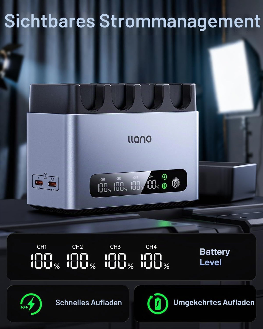 llano LP-E6P LP-E6NH Akku-Schnellladegerät, 65W 4-Slot, CNC-Alu, USB-C-Box | Für EOS R5, R5 C, R6, R